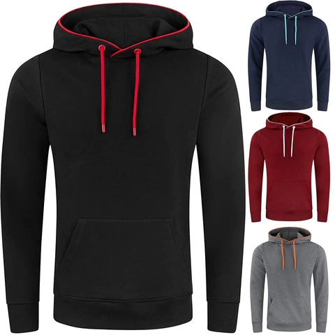 Men Contrast Color Hooded Sweatshirt Casual Cotton Blend Pullover Hoodie With Kangaroo Pocket Ribbed Cuffs Long Sleeve Sporty Top