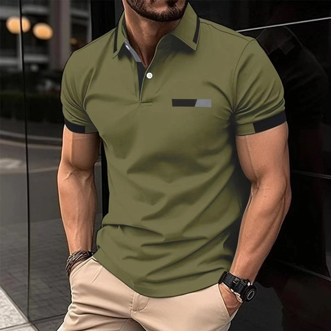 Herren Casual Kurzarm Polo-Shirt Patchwork Faux-Tasche Umlegekragen Knopf Mode Business Polyester Top Kleidung