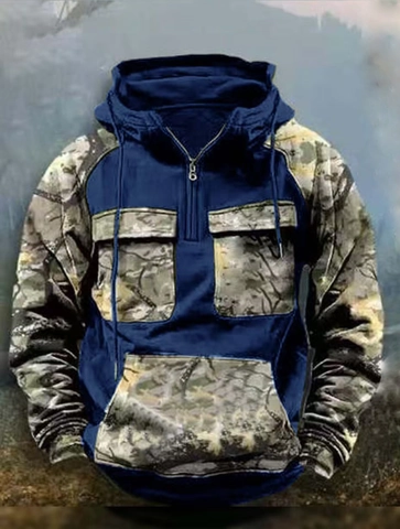Herren Taktischer Outdoor Hoodie Polyester Camouflage Patchwork 1/4 Reißverschluss Multi-Pocket Kapuzenpullover Für Sport