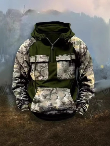 Herren Taktischer Outdoor Hoodie Polyester Camouflage Patchwork 1/4 Reißverschluss Multi-Pocket Kapuzenpullover Für Sport