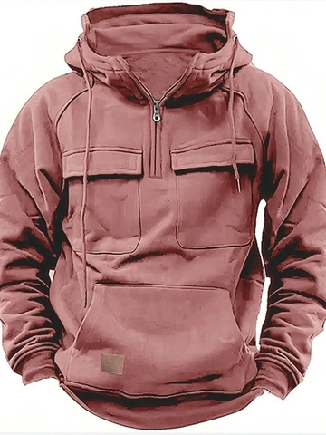 Men's Cargo Hoodie Polyester Patchwork Half Zip Multi-Pocket Loose Long Sleeve Top Outdoor Athletic Pullover Jacket