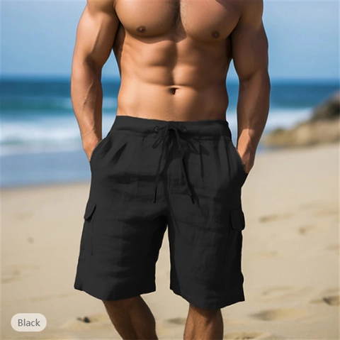 Pantaloncini Casual in Lino da Uomo Estivi Traspiranti Cargo Shorts Vita Elastica Coulisse Tasche Vacanza al Mare Tinta Unita