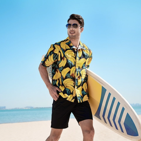 Men Hawaiian Shirt Polyester Breathable Tropical Fruit Tree Print Short Sleeve Turn Down Collar Casual Summer Beach Top
