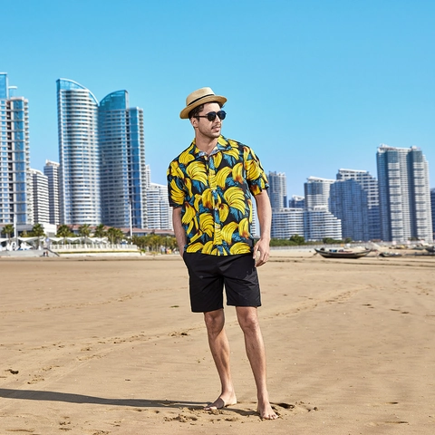 Men Hawaiian Shirt Polyester Breathable Tropical Fruit Tree Print Short Sleeve Turn Down Collar Casual Summer Beach Top