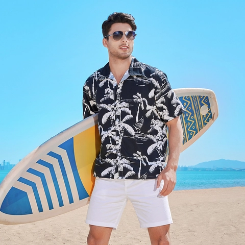 Men Hawaiian Shirt Short Sleeve Polyester Palm Tree Print Button Down Beach Tropical Casual Summer Lightweight Top
