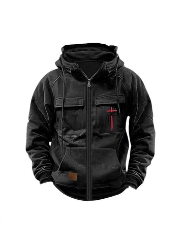 Sweat à Capuche Vintage Américain pour Hommes Doublé Polaire Coupe Ample Veste à Fermeture Éclair Couleur Unie Workwear Chaud Top Hiver