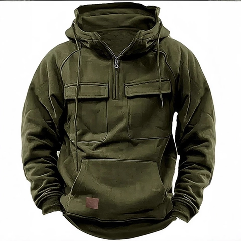 Men's Workwear Tactical Hoodie Vintage Half Zipper Hooded Sweatshirt Multi Pocket Outdoor Casual Long Sleeve Pullover For Men