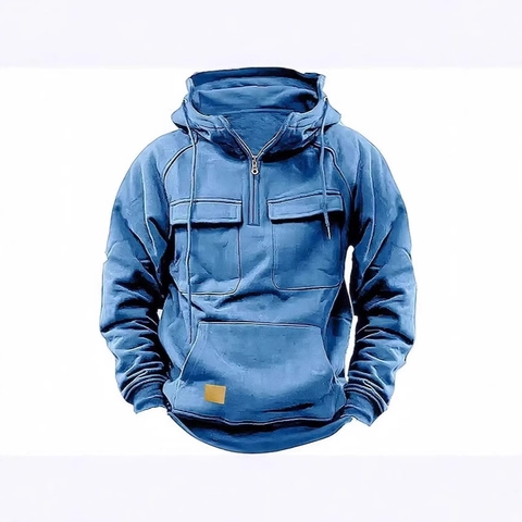 Men's Workwear Tactical Hoodie Vintage Half Zipper Hooded Sweatshirt Multi Pocket Outdoor Casual Long Sleeve Pullover For Men
