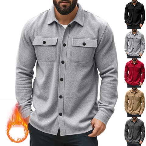 Men Casual Heavyweight Fleece Lined Jacket Turn-down Collar Multi-pocket Single-breasted Solid Color Polyester Outerwear Coat Top