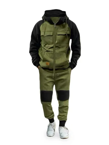 Tuta Sportiva da Uomo Giacca con Cappuccio e Cerniera Pantaloni Cargo Color Block Outfit Casual Outdoor Sportivo Abbigliamento