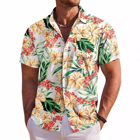 Men's Casual Hawaiian Shirt Tropical Floral Palm Leaf Printed Short Sleeve Button Down Holiday Beach Vacation Shirt Top