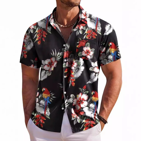 Men's Casual Hawaiian Shirt Tropical Floral Palm Leaf Printed Short Sleeve Button Down Holiday Beach Vacation Shirt Top