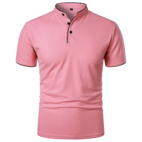 Polo pour Hommes avec Col Montant Manches Courtes Liseré Contrasté Haut Respirant Couleur Unie Business Décontracté