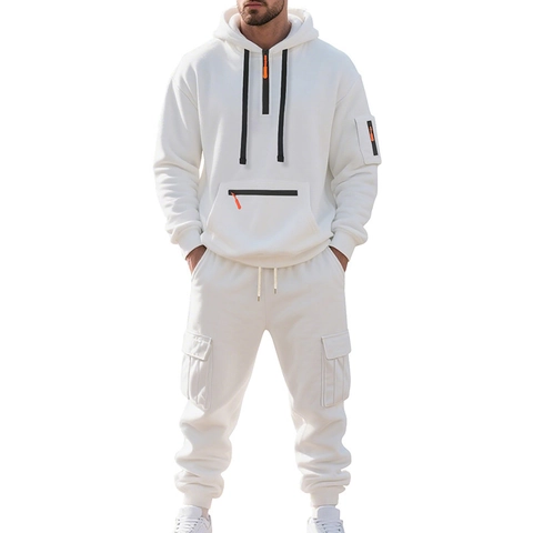 Ensemble Sweat à Capuche en Polaire Épaisse et Pantalon Cargo pour Homme Tenues de Sport Décontractées Chaudes d'Hiver
