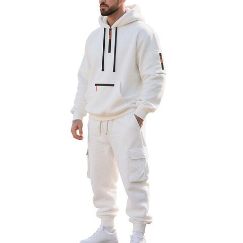 Survêtement Homme Deux Pièces Sweat à Capuche Et Pantalon Cargo Couleur Unie Chaud Haut Et Bas