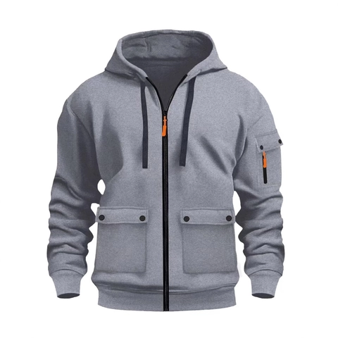 Felpa con Cappuccio da Uomo con Cerniera Intera Poliestere Multitasche Casual Sport Outdoor Workwear Cargo Style
