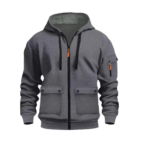 Felpa con Cappuccio da Uomo con Cerniera Intera Poliestere Multitasche Casual Sport Outdoor Workwear Cargo Style