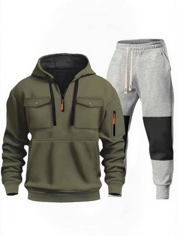 Completo Sportivo Casual da Uomo Due Pezzi Felpa con Cappuccio a Mezza Zip in Poliestere e Pantaloni Jogger Color Block