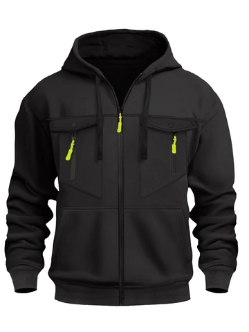 Sweat à Capuche Zippé Décontracté pour Hommes en Poliestere Couleur Unie Style Workwear avec Fermeture Éclair Contrastée et Poches