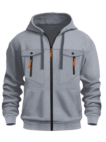 Sweat à Capuche Zippé Décontracté pour Hommes en Poliestere Couleur Unie Style Workwear avec Fermeture Éclair Contrastée et Poches