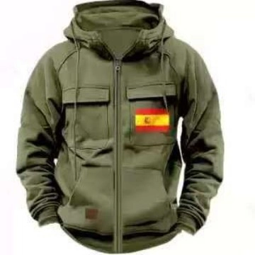 Men's Tactical Spanish Flag Hoodie Full Zip Sweatshirt Multi-Pocket Outdoor Casual Fleece Jacket Autumn Winter Warm Tops