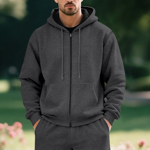 Men's Casual Sport Hoodie Set Fleece Lined Full Zip Up Hooded Sweatshirt And Sweatpants Solid Color Polyester Tracksuit For Autumn Winter