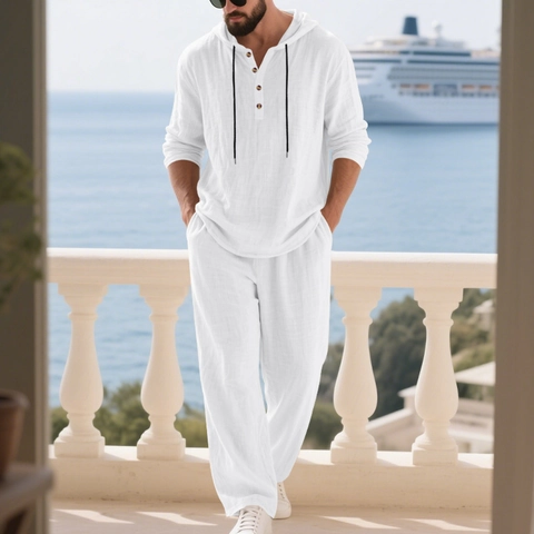 Completo da Uomo Casual in Misto Lino con Camicia Henley con Cappuccio e Pantaloni Lunghi Manica Lunga Top And Bottom Tuta da Mare