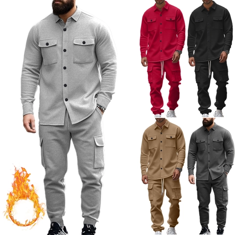 Veste Cargo Doublée en Polaire Lourde pour Hommes Et Pantalon Manteau de Revers Tactique Extérieur Vêtements Amples