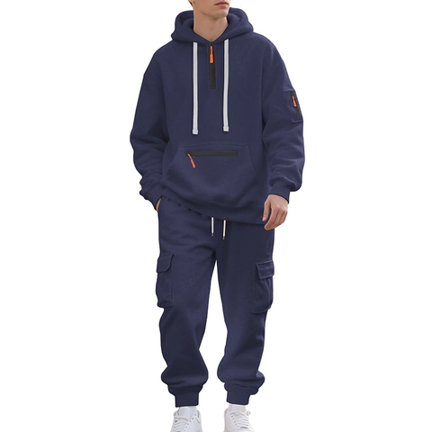 Men Heavy Fleece Tracksuit Top And Bottom Set Hooded Quarter Zip Sweatshirt Cargo Sweatpants With Pockets Winter Warm Jogger Suit