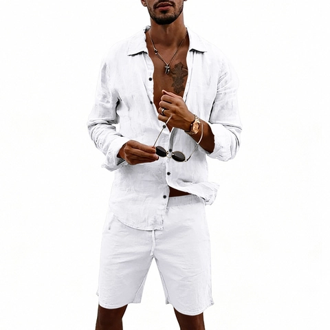Herren Casual Leinen Langarmhemd Und Tunnelzug Shorts Sommer Atmungsaktiv Einfarbig Locker Mode Loungewear Oberteil Und Unterteil