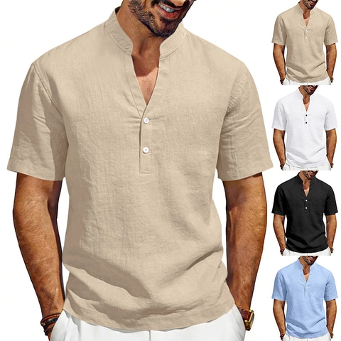 Men Linen Blend Henley Shirt Casual Short Sleeve Stand Collar Breathable Summer Beach Loose Tops Solid Color Basic Fashion Clothing