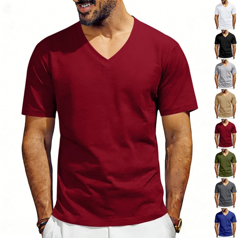 Men's V-Neck T-Shirt Quick Dry Breathable Short Sleeve Summer Casual Basic Solid Color Polyester Slim Fit Tee Top