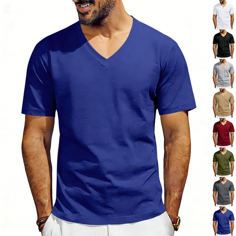 Men's V-Neck T-Shirt Quick Dry Breathable Short Sleeve Summer Casual Basic Solid Color Polyester Slim Fit Tee Top