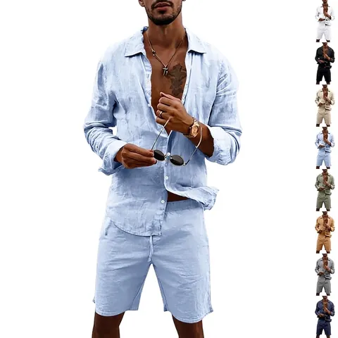 Herren Casual Leinen Langarmhemd Und Tunnelzug Shorts Sommer Atmungsaktiv Einfarbig Locker Mode Loungewear Oberteil Und Unterteil