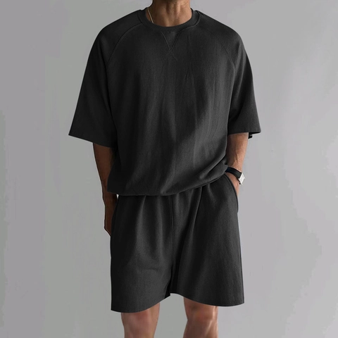 Men's Casual Summer Two Piece Set Short Sleeve Raglan T-Shirt And Shorts French Terry Cotton Blend Sporty Loose Top And Bottom
