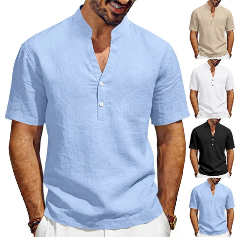 Men Linen Blend Henley Shirt Casual Short Sleeve Stand Collar Breathable Summer Beach Loose Tops Solid Color Basic Fashion Clothing