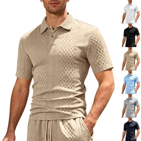Conjunto de Dos Piezas de Polo y Pantalones Cortos de Punto de Gofre 3D para Hombre Atuendo de Verano de Manga Corta Jacquard