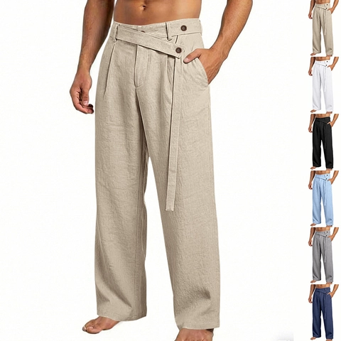Men's Linen Blend Irregular Waist Trousers Loose Fit Straight Leg Casual Pants Asymmetric Buckle Wide Leg Beach Pants