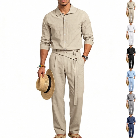 Men Casual Linen Top And Bottom Set Loose Lapel Long Sleeve Shirt And Pants Set Breathable Solid Color Holiday Outfits
