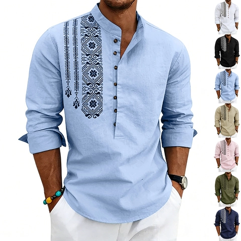 Men Casual Linen Henley Shirt Bohemian Ethnic Print Stand Collar Long Sleeve Loose Fit Beach Vacation Summer Top Breathable Cotton Blend Apparel