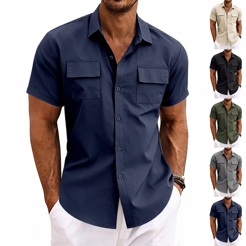 Men Cargo Short Sleeve Shirt Nylon Spandex Breathable Double Pocket Lapel Casual Stretch Top For Summer Fashion