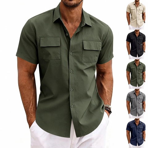 Men Cargo Short Sleeve Shirt Nylon Spandex Breathable Double Pocket Lapel Casual Stretch Top For Summer Fashion