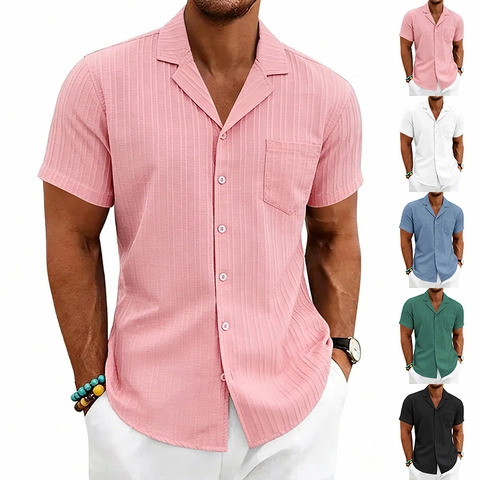 Men Casual Cuban Collar Short Sleeve Shirt Vertical Texture Breathable Button Down Beach Vacation Top With Pocket