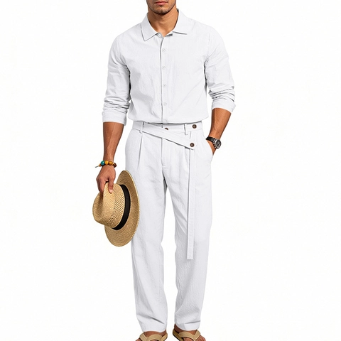 Men Casual Linen Top And Bottom Set Loose Lapel Long Sleeve Shirt And Pants Set Breathable Solid Color Holiday Outfits