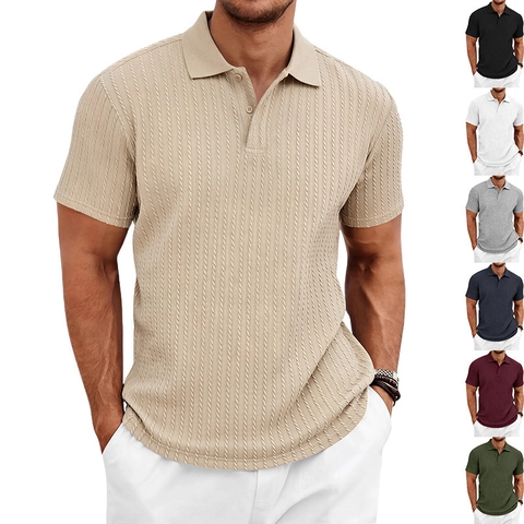 Men Casual Knitted Jacquard Polo Shirt Short Sleeve Button Down Textured Polo Top Breathable Solid Color Summer Knit Shirt For Men