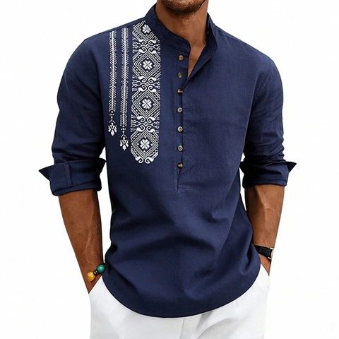 Maglia Henley da Uomo in Lino Casual Manica Lunga Collo alla Coreana Stampa Geometrica Etnica Top Estivo Traspirante da Spiaggia