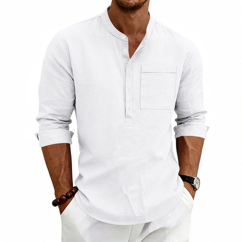 Camisa Henley de Lino para Hombre Manga Larga Cuello Mao Color Sólido Casual Transpirable Top Moda Suave Botones Bolsillo