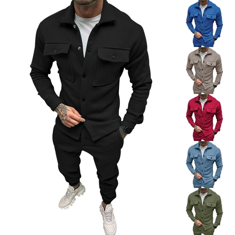 Conjunto Deportivo Casual para Hombre Cuello Polo Chaqueta de Manga Larga y Pantalones de Chándal Mezcla de Algodón Moda Urbana