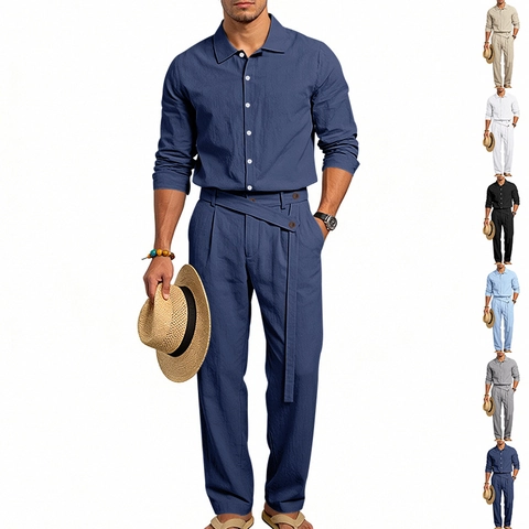 Herren Casual Leinen Baumwolle Hemd Und Hose Outfit Button Down Langarm Top Mit Kordelzug Hose Urlaub Strandbekleidung
