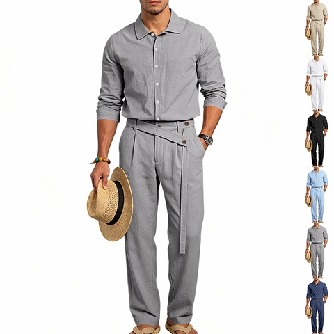 Herren Casual Leinen Baumwolle Hemd Und Hose Outfit Button Down Langarm Top Mit Kordelzug Hose Urlaub Strandbekleidung